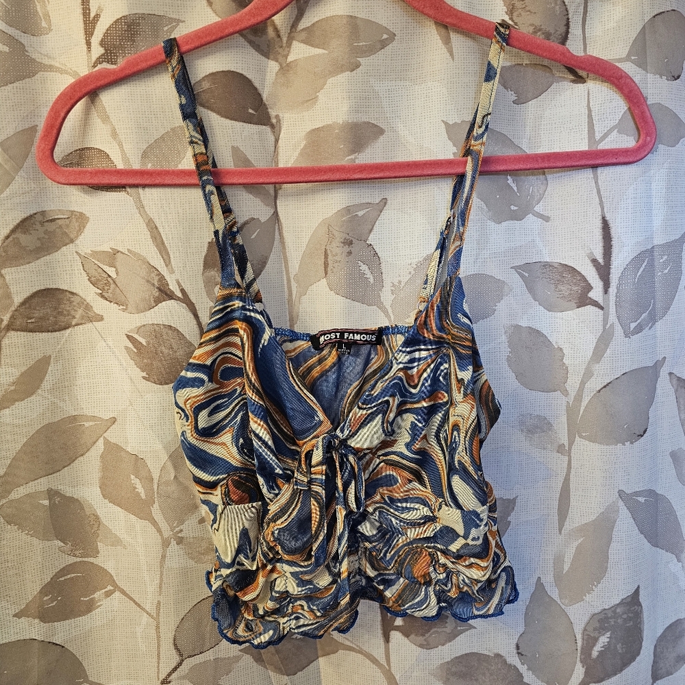 Almost Famous Mesh Tank Top Crop Top Blue Orange Swirl Ruched Rippled Size Med